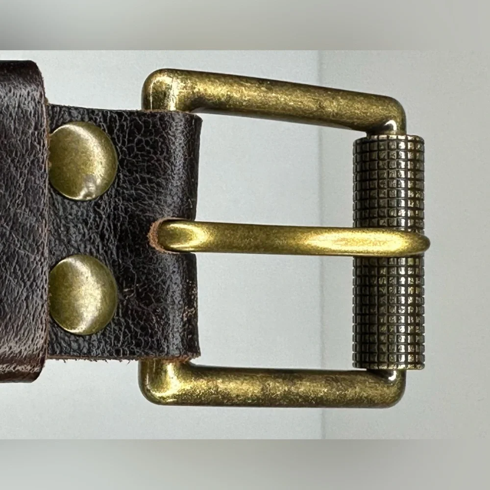 Brown Leather Belt Brass Buckle Unisex‎ Sz M